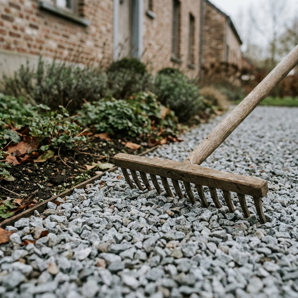 Schone grijze sierkiezel met een hark in een Belgische tuin bij een border