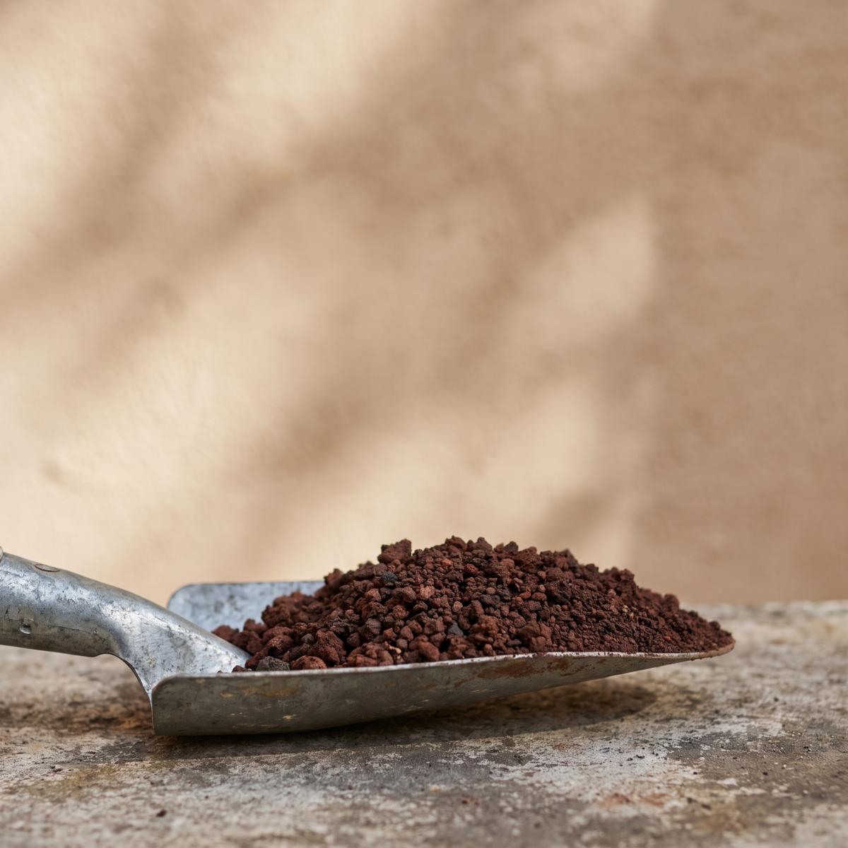 Metalen tuinschep met fijne roodbruine lavakorrels als bodemverbeteraar voor zware kleigrond