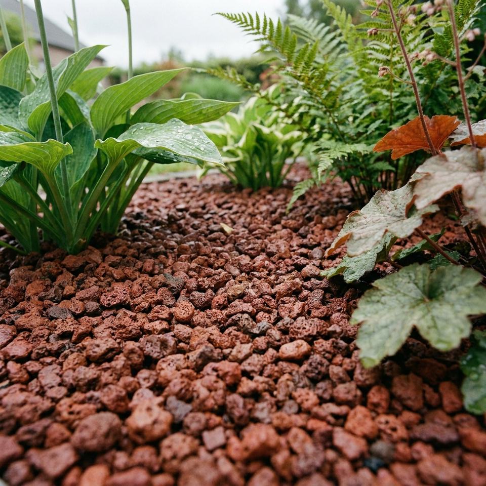 Rood-bruine lavasteen als afdeklaag rond planten in een tuinborder