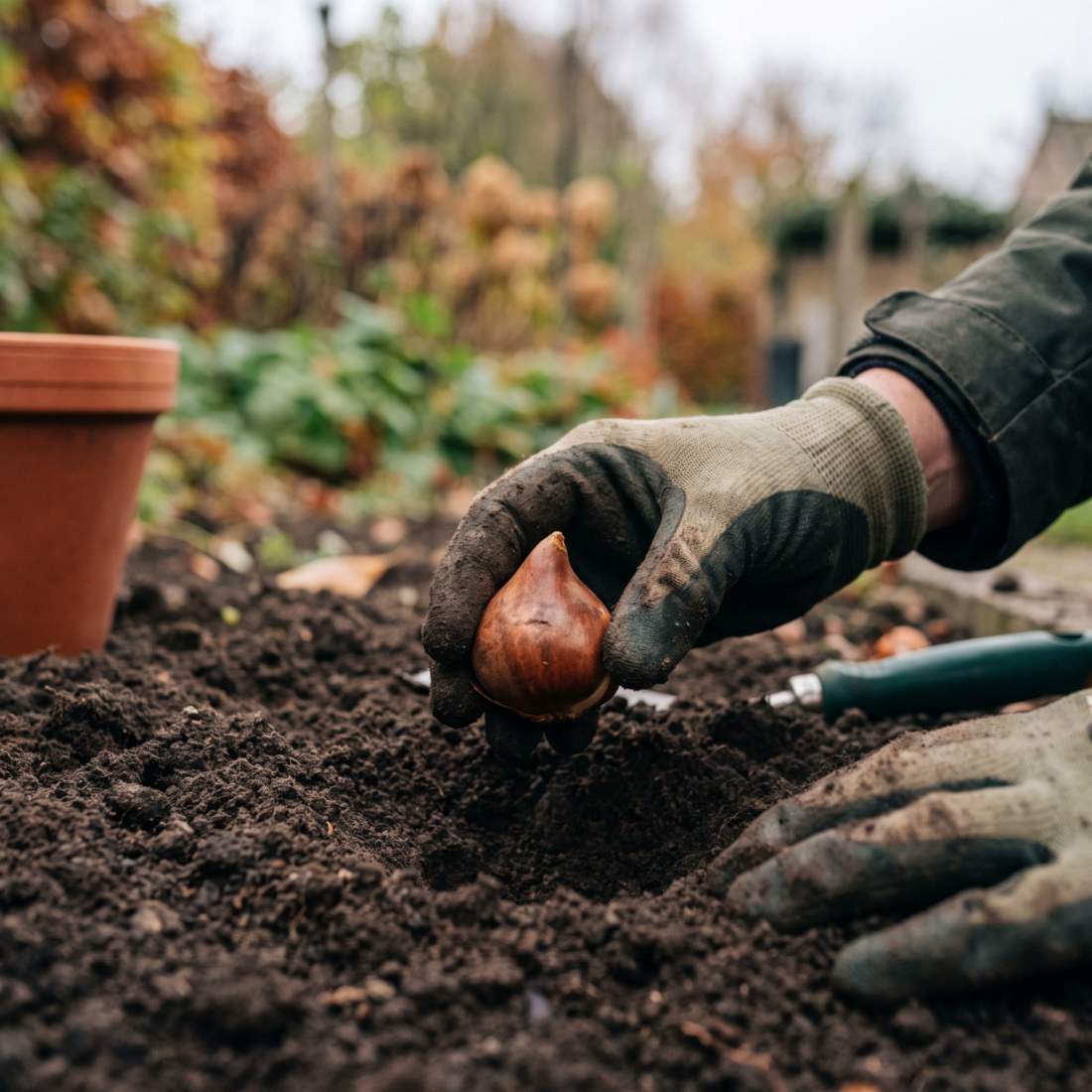 Handen met tuinhandschoenen zetten een tulpenbol met de punt naar boven in donkere tuingrond, met een terracotta pot ernaast in een najaarstuin