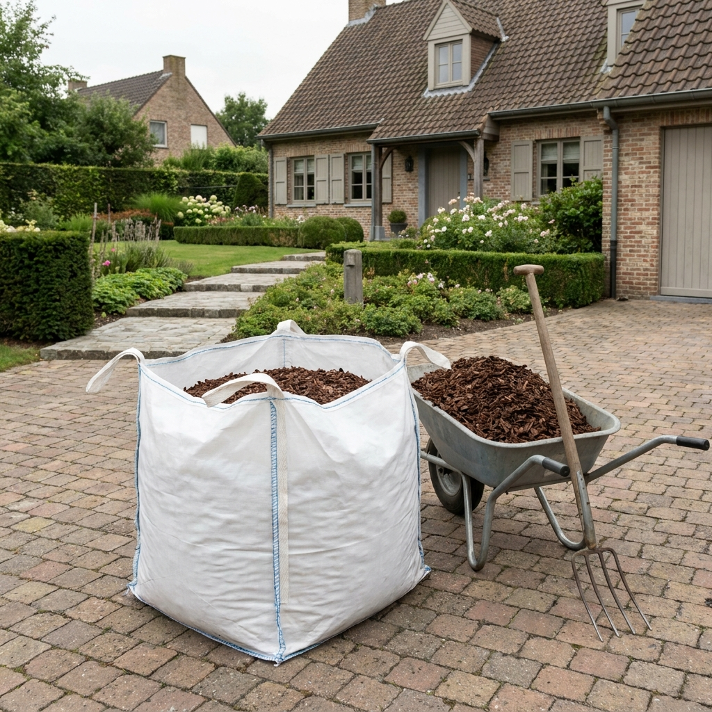 Bigbag Sylvester boomschors op de oprit met kruiwagen