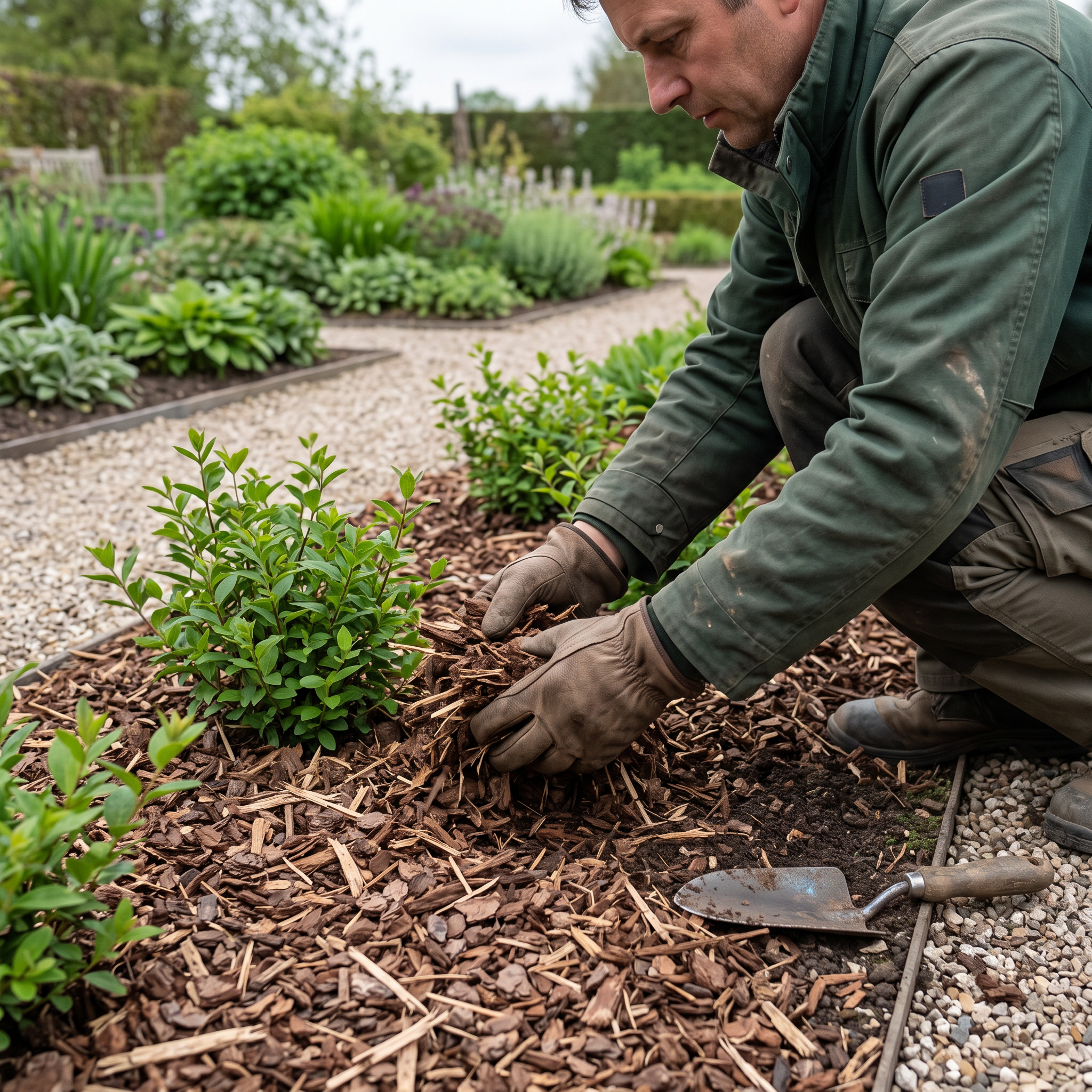 Sylvester boomschors 10-20 aanbrengen in het tuinperk met handschoenen