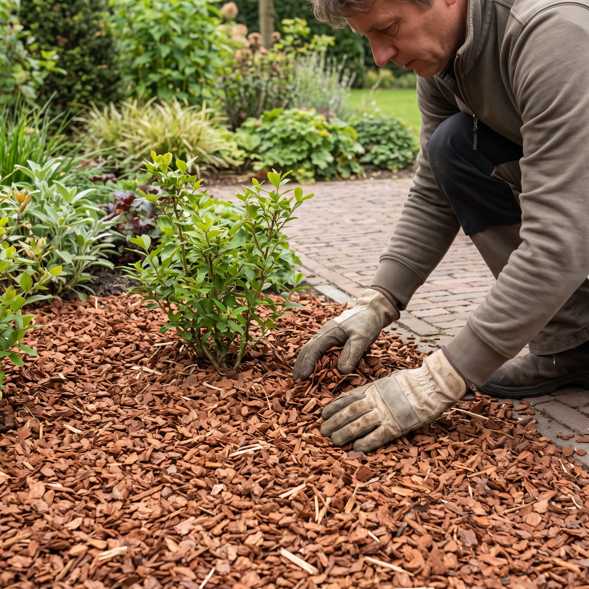 Franse boomschors 10-20 aanbrengen in het tuinperk met handschoenen