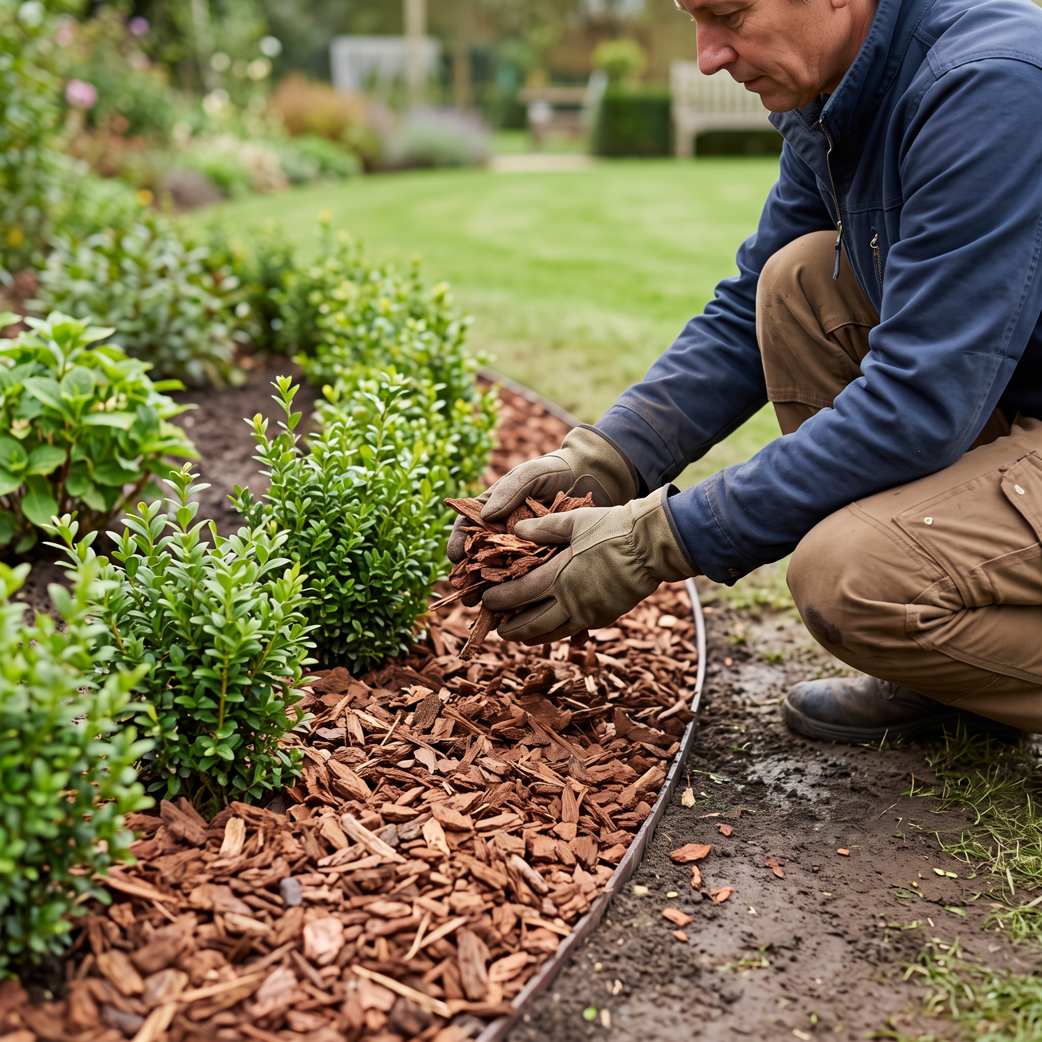Franse boomschors 20-40 aanbrengen in het tuinperk met handschoenen