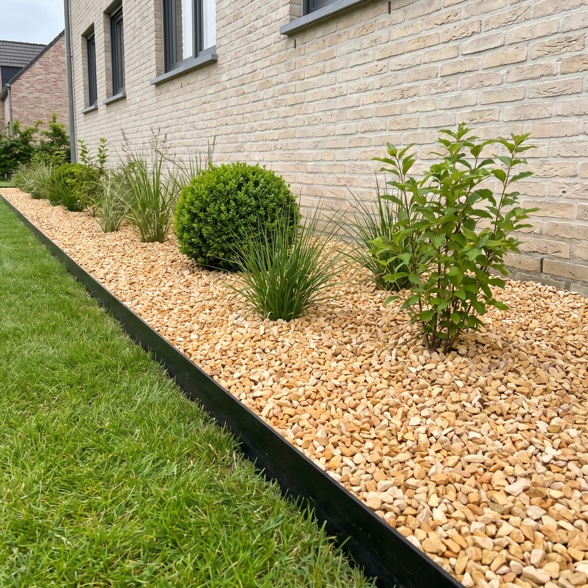 Afgewerkte border met Ardenner split geel langs de gevel