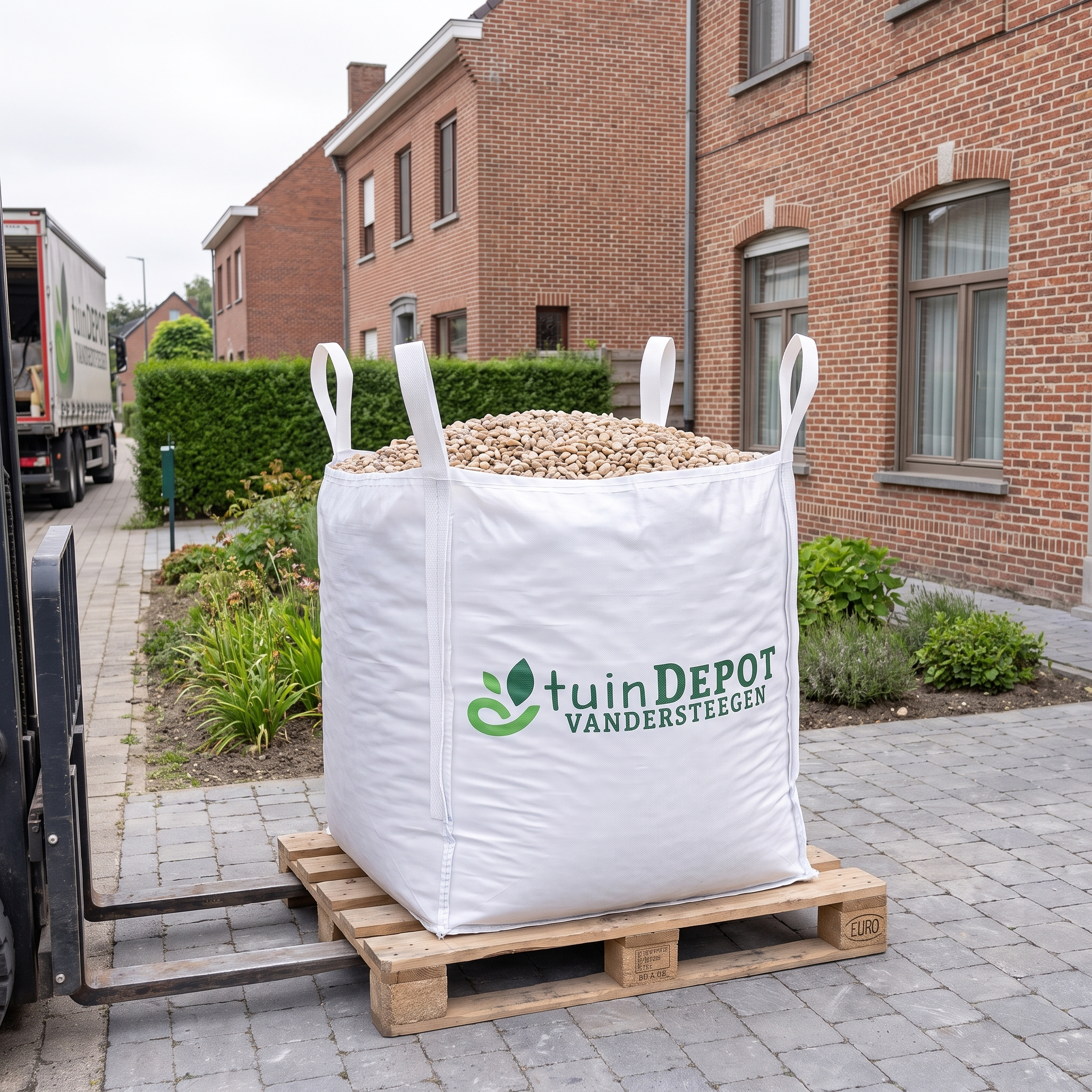 Levering van een big bag Castle grind met kooiaap tot op de oprit