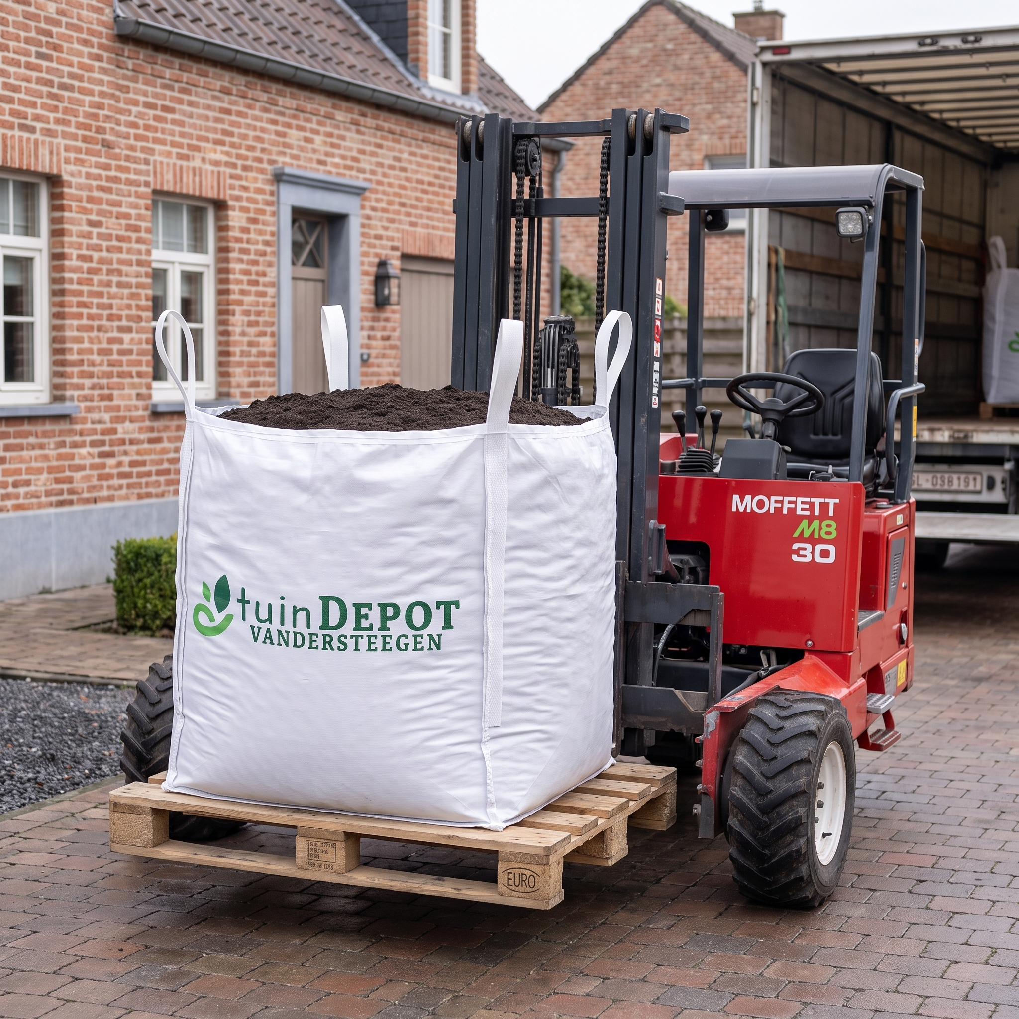 Levering van een bigbag tuingrond met meeneemheftruck tot op de oprit