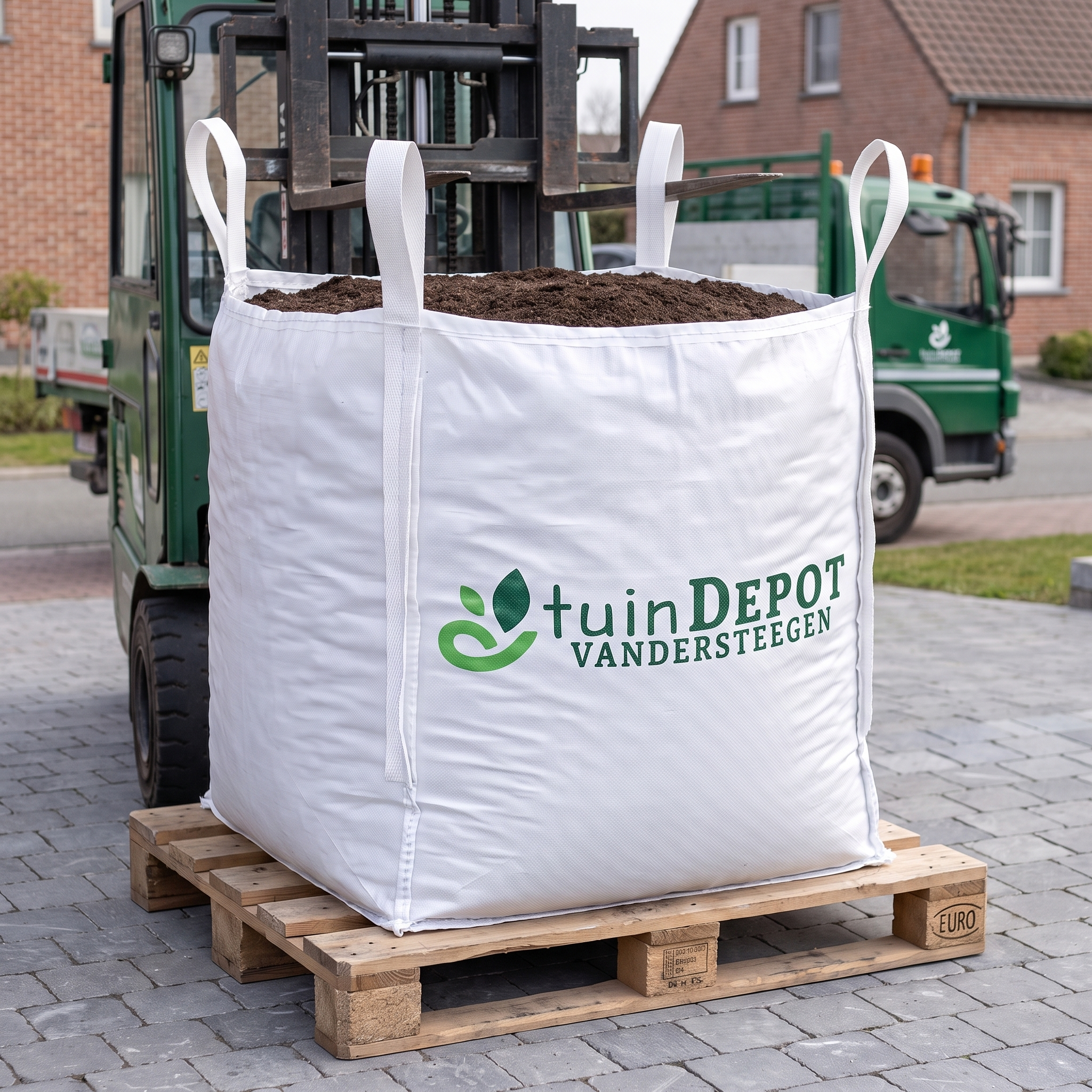 Levering van een bigbag groencompost met meeneemheftruck tot op de oprit