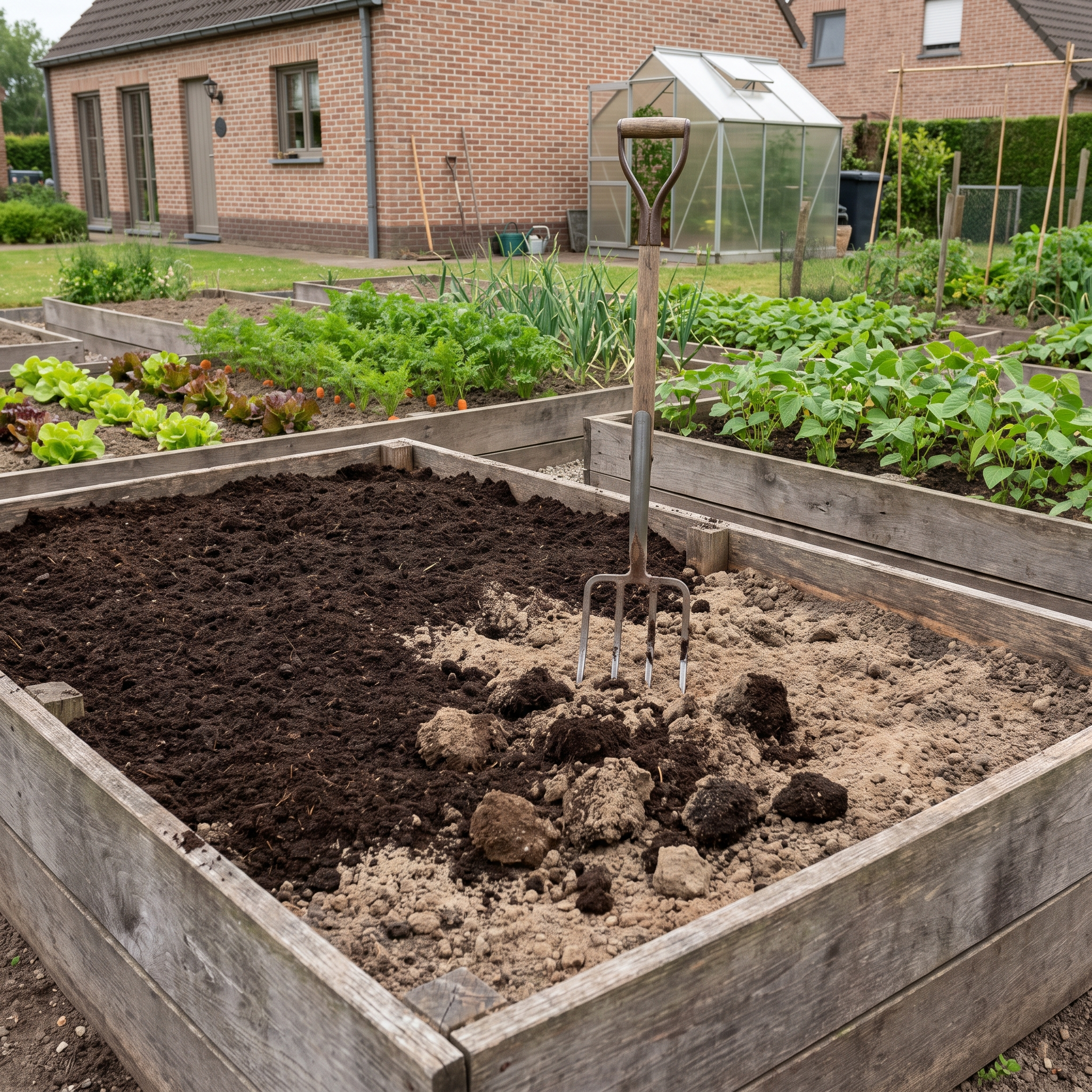 Groencompost doorgespit in een moestuinbed met spitvork