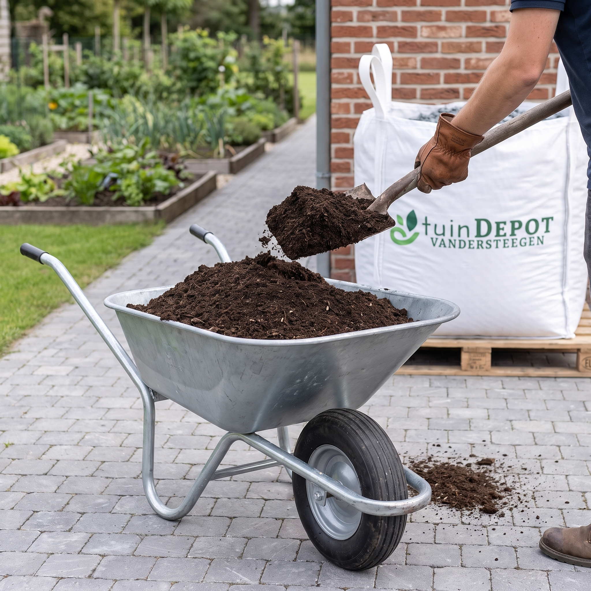 Kruiwagen met groencompost wordt gevuld vanuit de bigbag