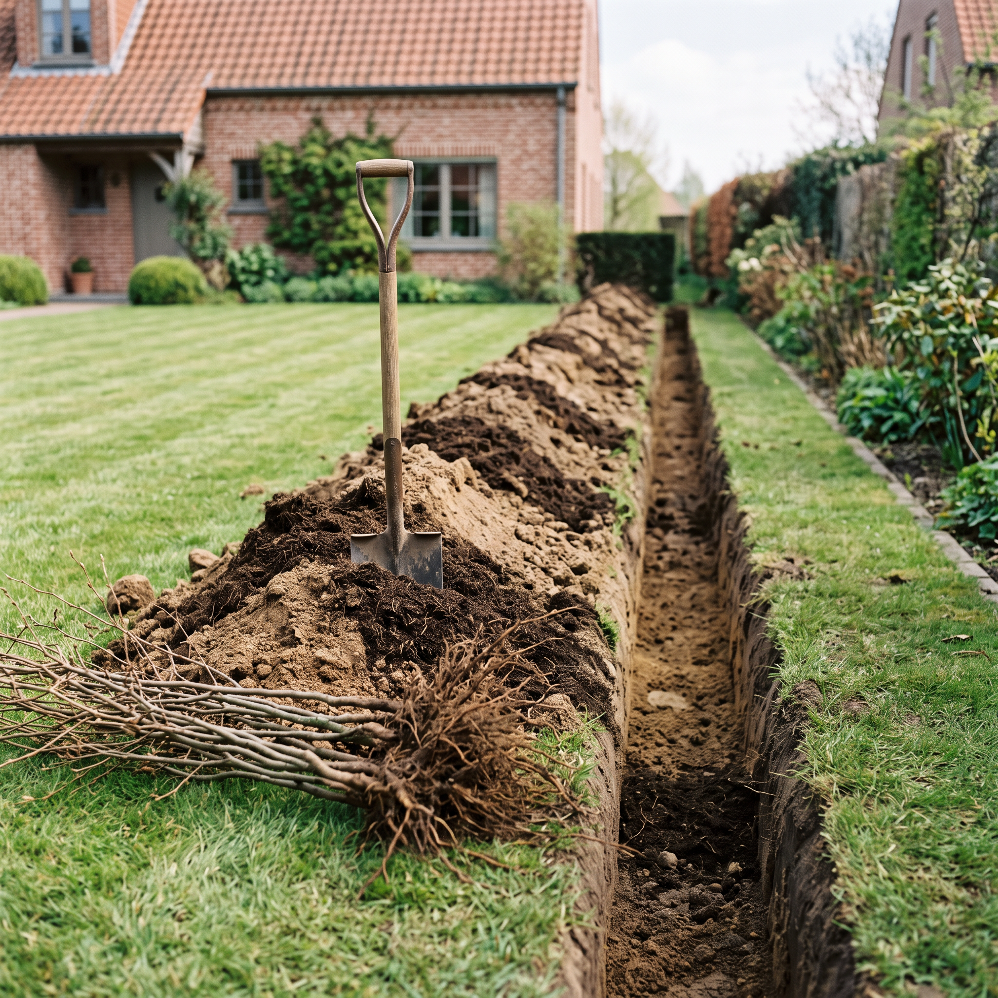 Plantsleuf voor een haag met planthumus gemengd door de uitgegraven grond