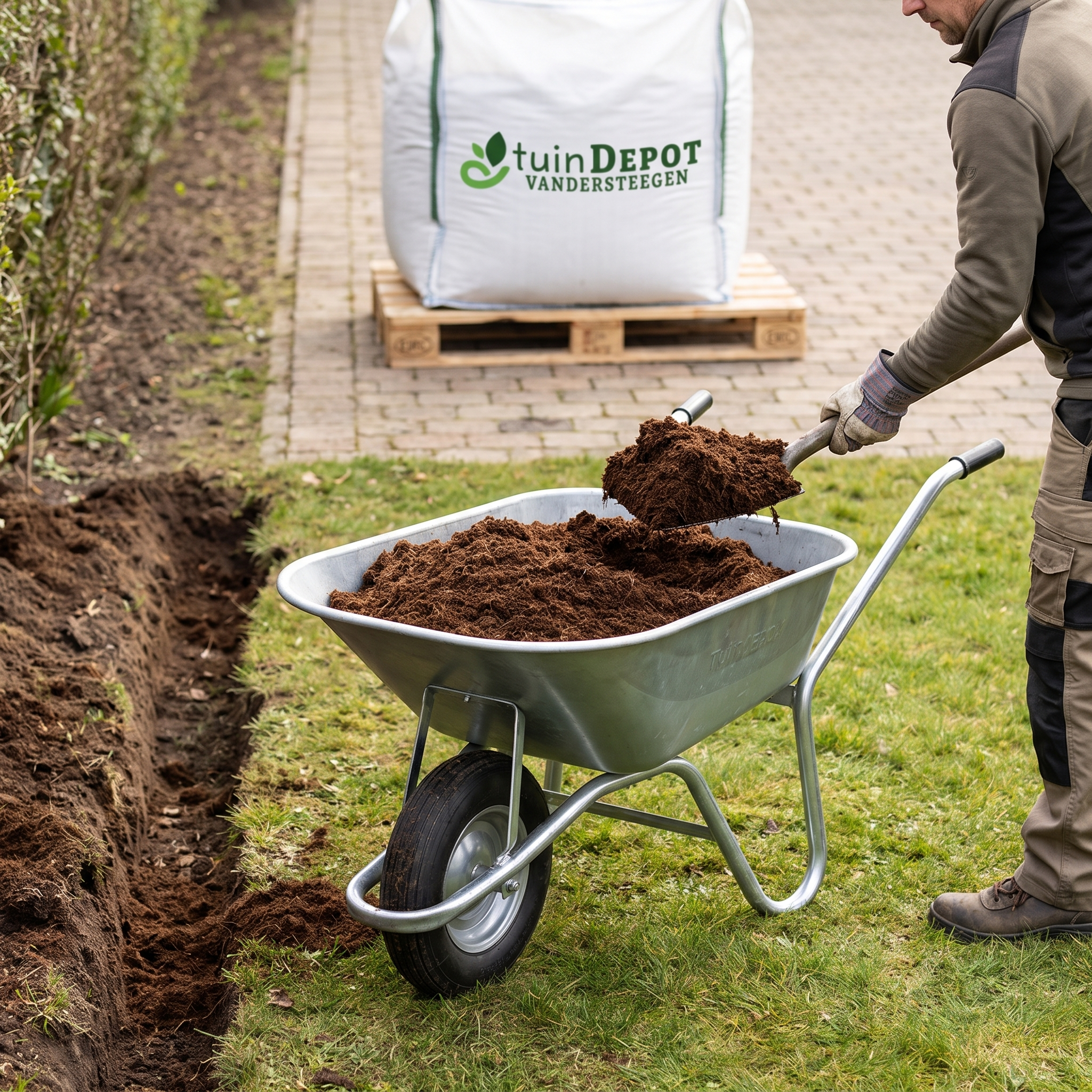 Kruiwagen met planthumus wordt gevuld vanuit de bigbag