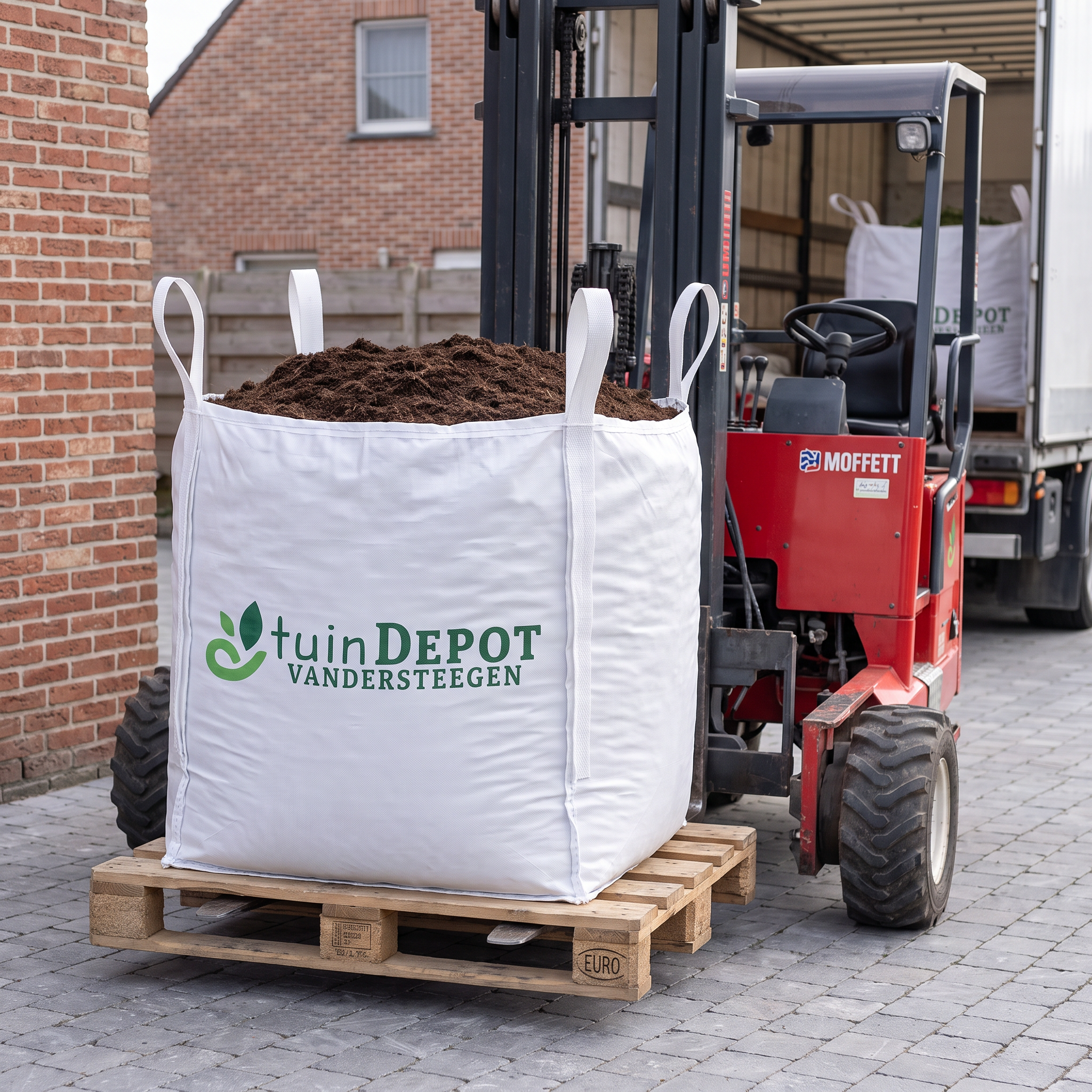Levering van een bigbag planthumus met meeneemheftruck tot op de oprit
