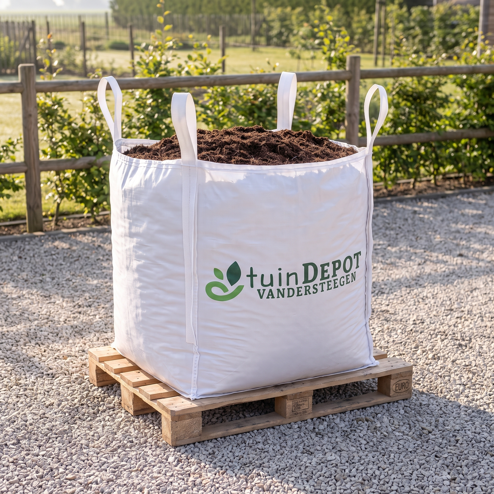 Bigbag planthumus van TuinDepot op europallet naast een beukenhaag