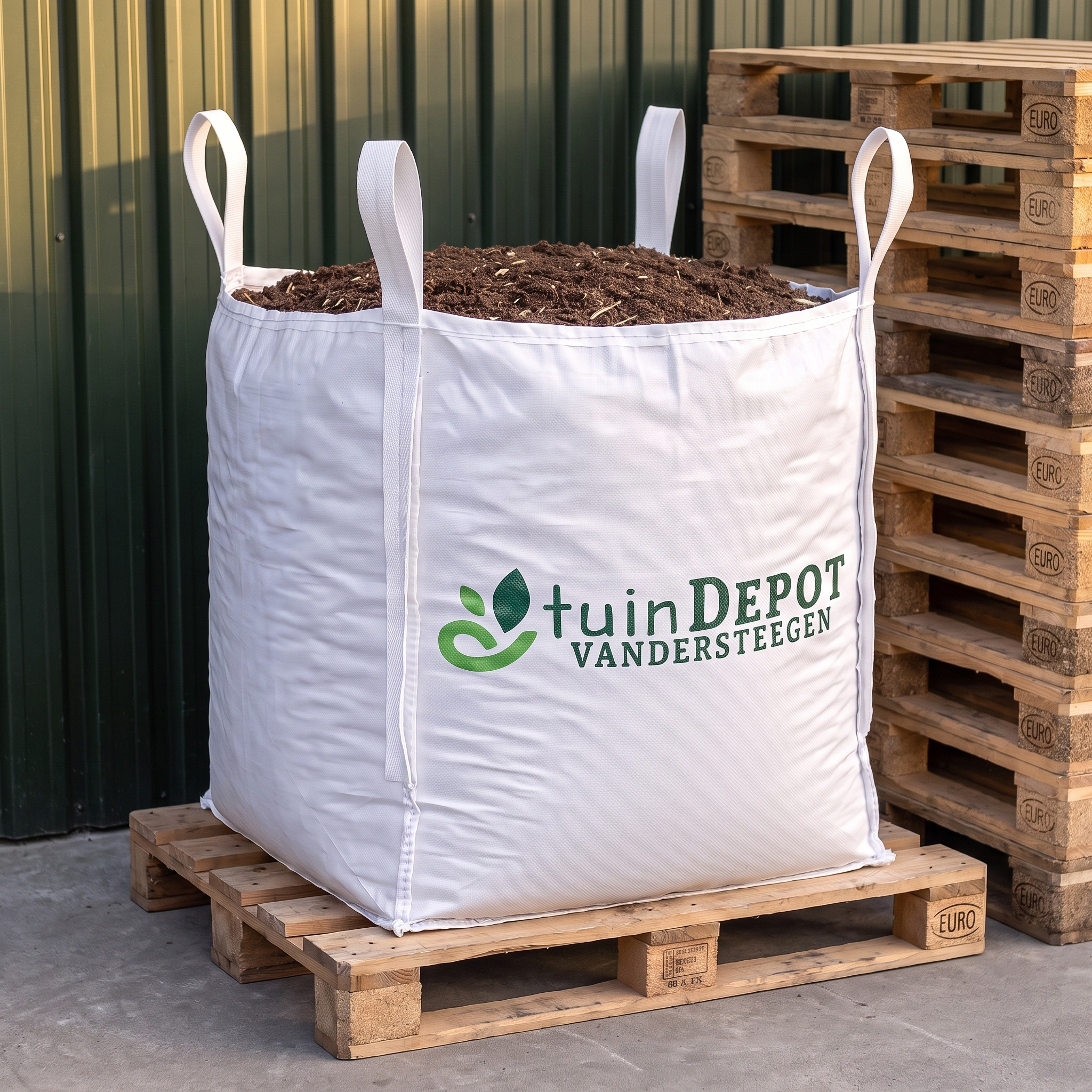 Bigbag groencompost van TuinDepot op europallet in het depot, Vlaco-gekeurd