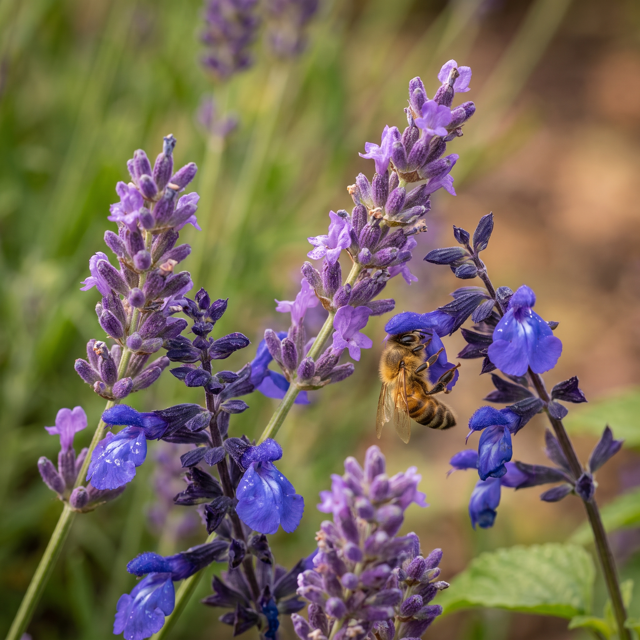 Close-up van lavendel en steppensalie met een bij