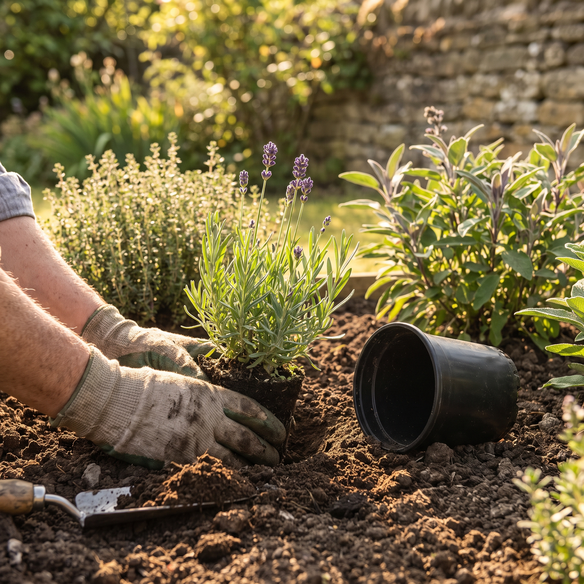 Lavendel planten in een zonnige border