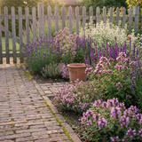 Muggenwerend kruidenbed met lavendel, tijm en salie in een zonnige border