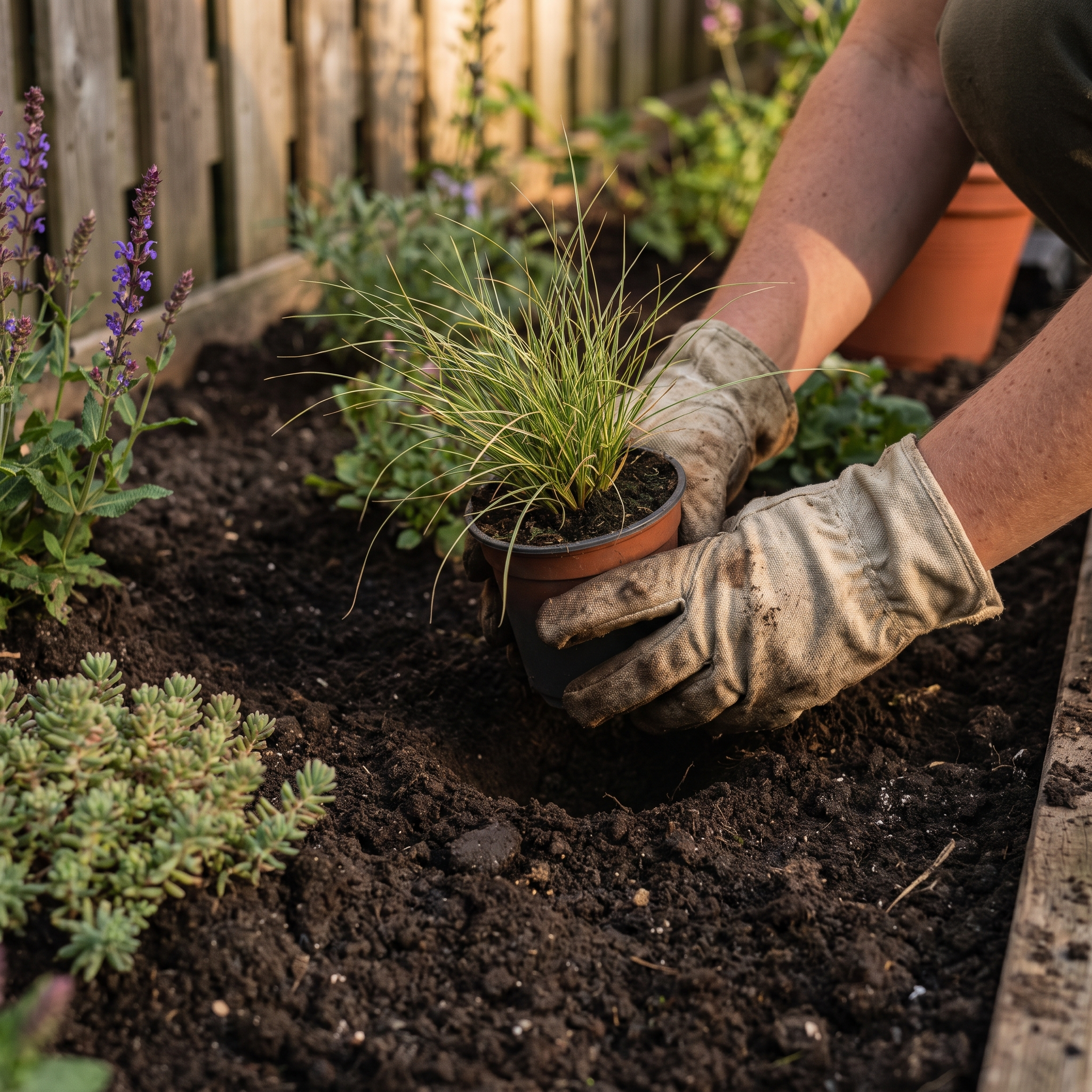 Siergras planten in een strokenborder