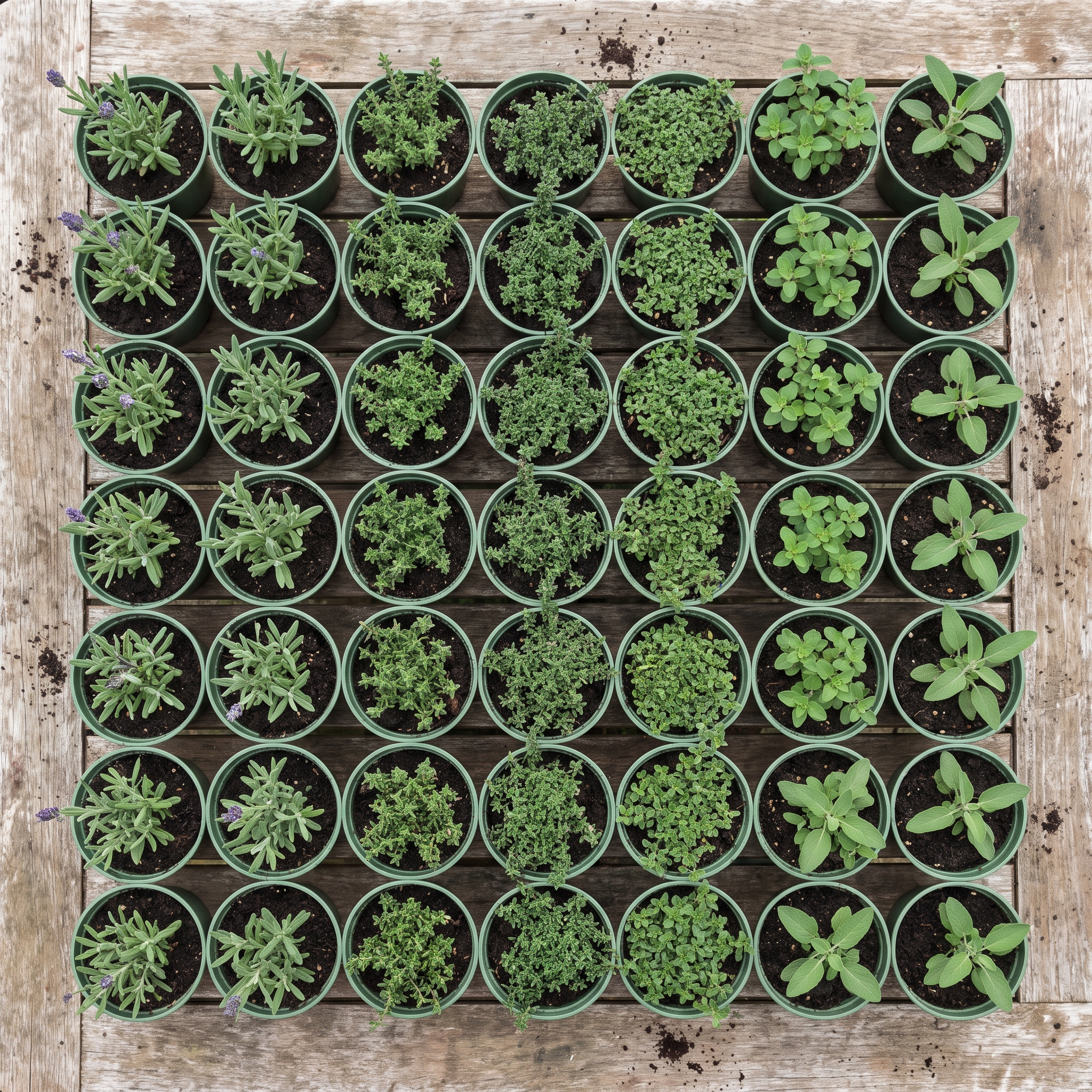 60 kwekerspotten met vijf soorten jonge kruidenplanten, klaar om te planten