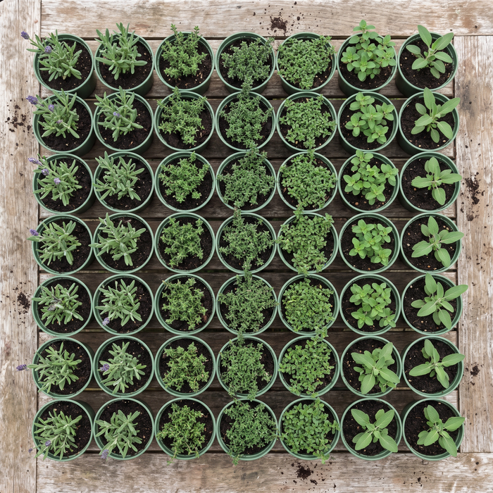 60 kwekerspotten met vijf soorten jonge kruidenplanten, klaar om te planten