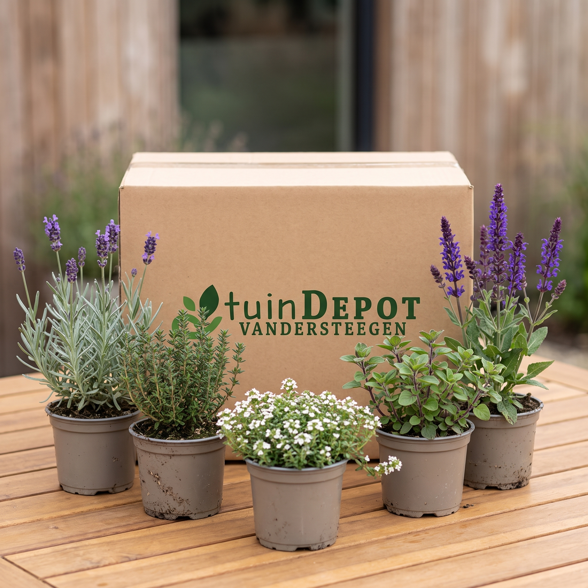 TuinDepot-verpakking met de 5 kruidenplanten van het Muggenwerend Kruidenbed
