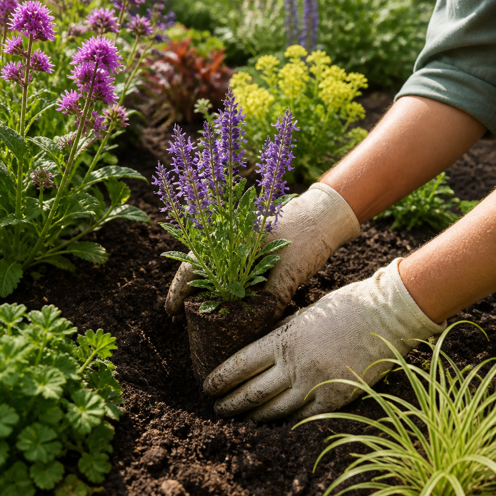 Vaste planten planten in een zonnige border