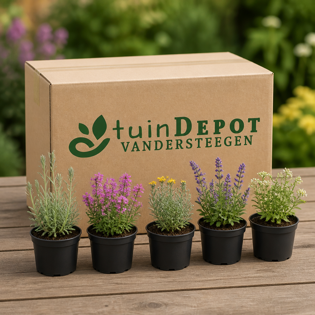 TuinDepot-verpakking met de 5 planten van de Kleurrijke Stadsborder