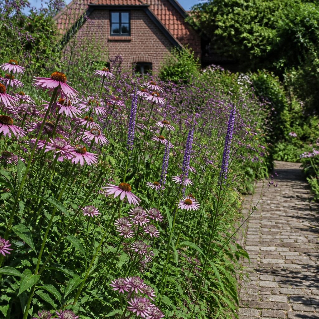 Tuinpad omzoomd met een kleurrijk snijbloemenbed