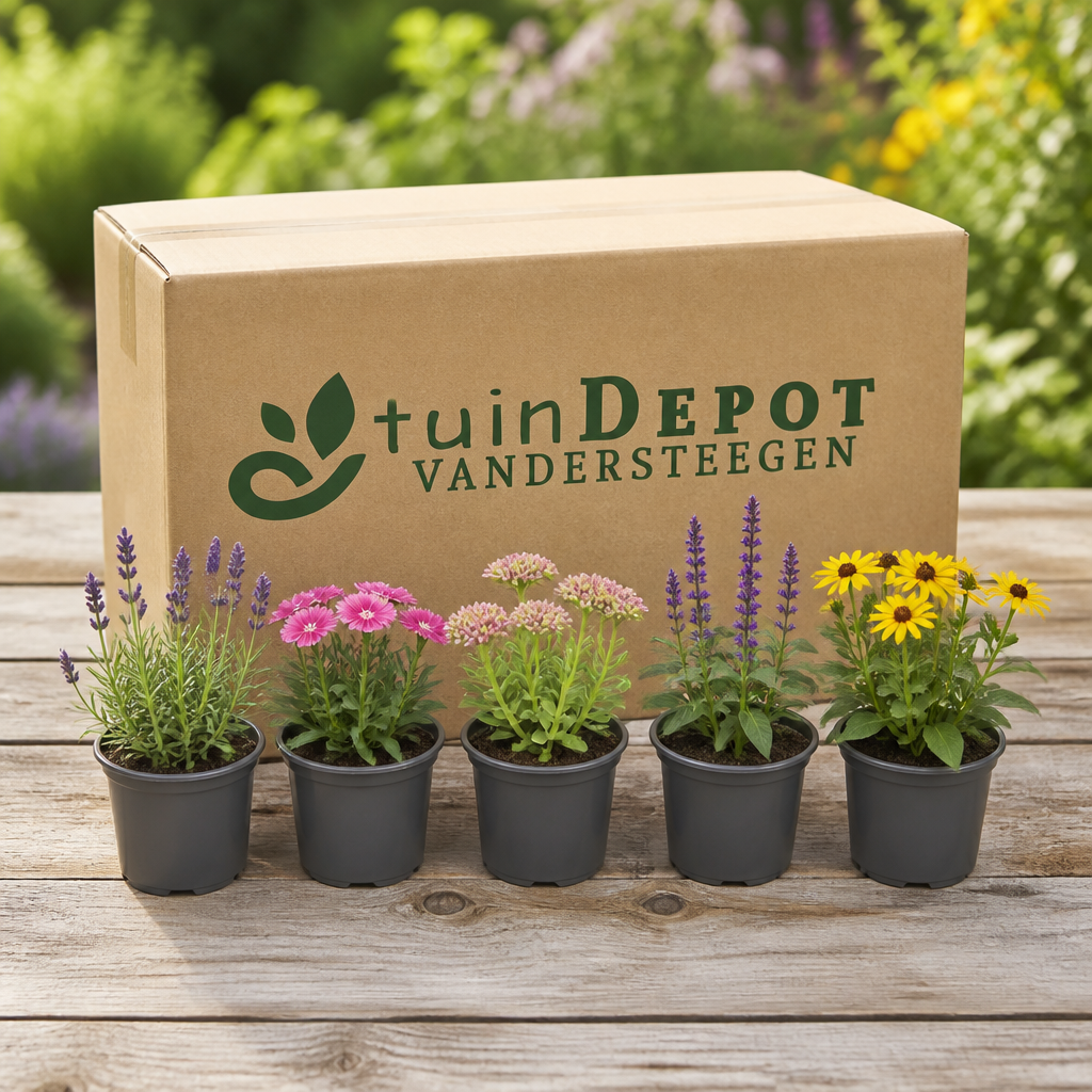 TuinDepot-verpakking met de 5 planten van het Snijbloemenbed