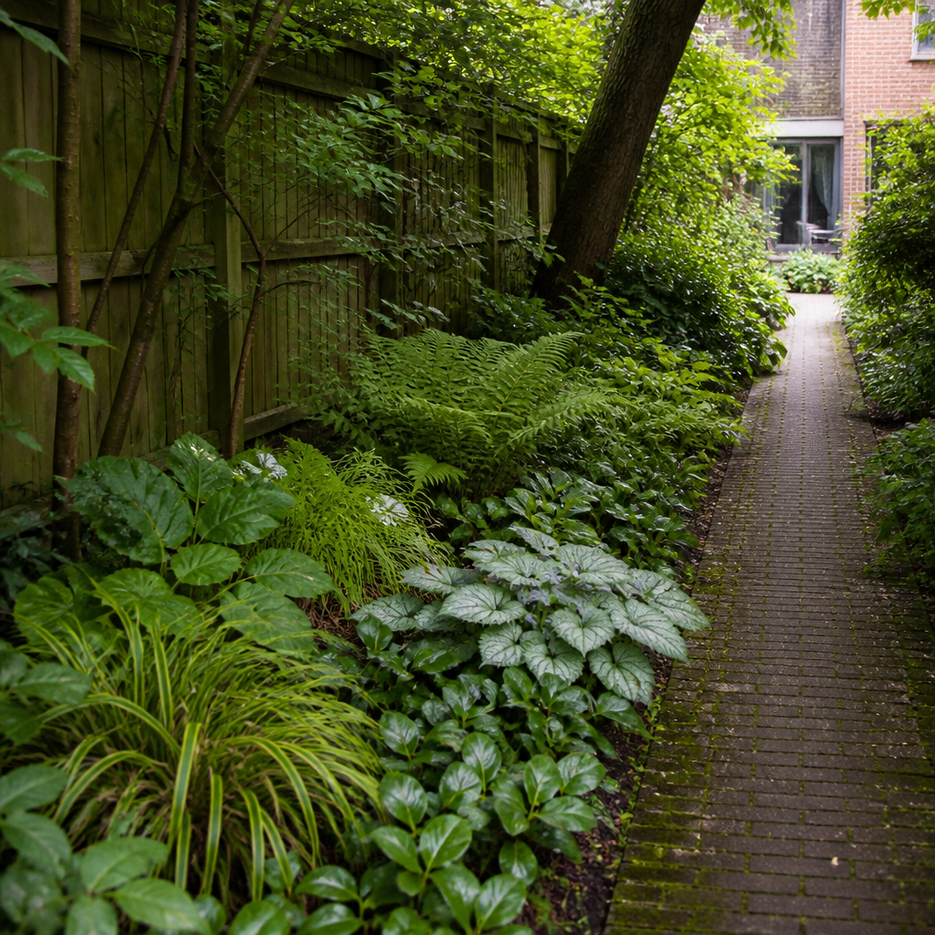 Schaduwrijk tuinpad omzoomd met een dichte schaduwborder