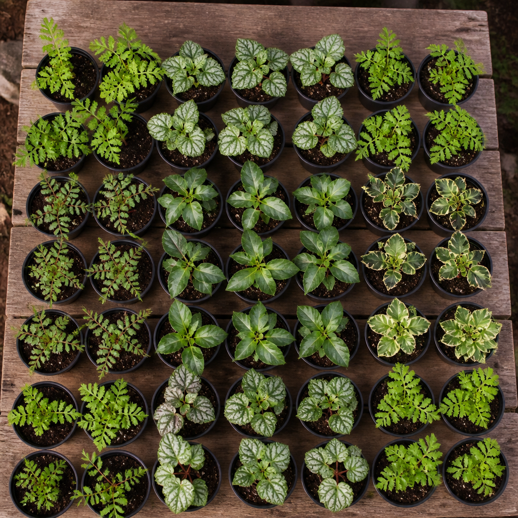 60 kwekerspotten met vijf soorten schaduwplanten, klaar om te planten
