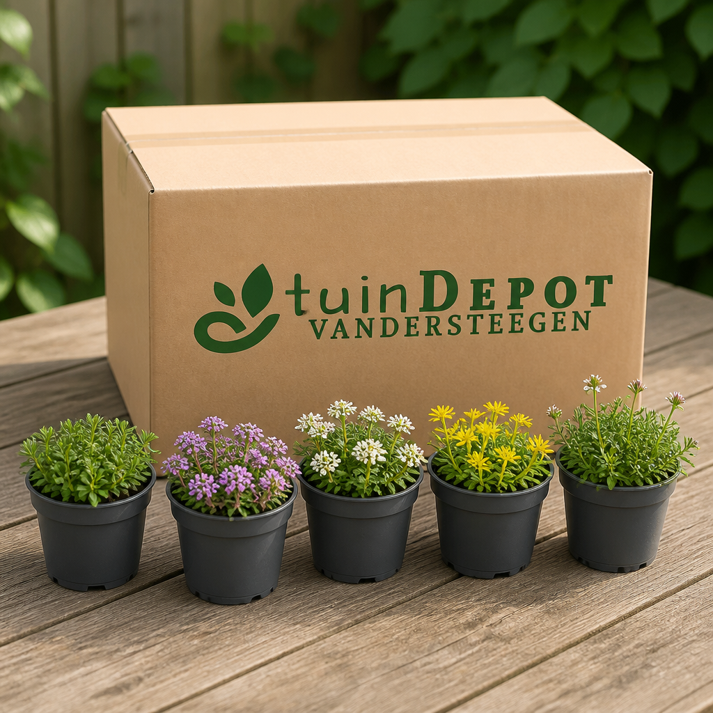 TuinDepot-verpakking met de 5 planten van het Rotstuintapijt