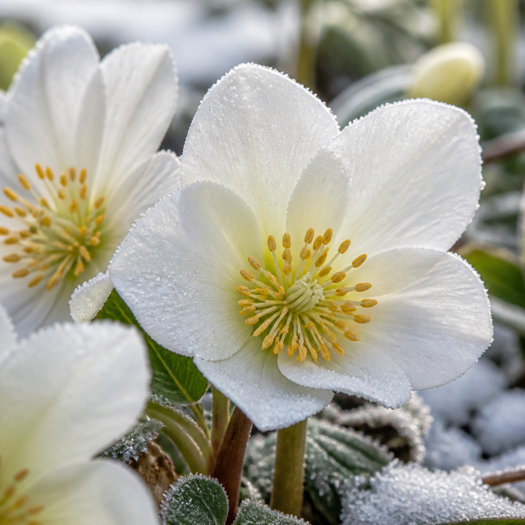 Close-up van witte kerstroosbloemen met goudgele meeldraden