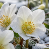 Close-up van witte kerstroosbloemen met goudgele meeldraden