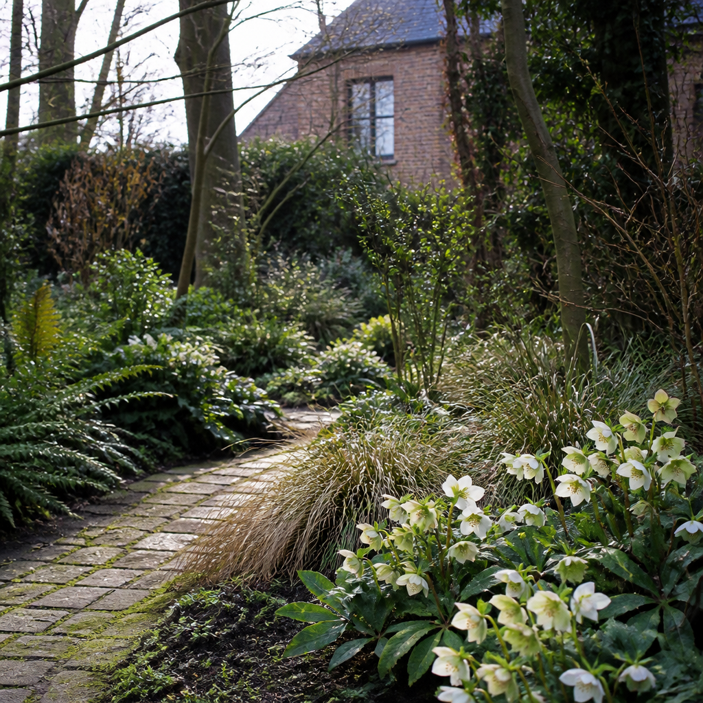 Schaduwrijk tuinpad in de winter met bloeiende kerstrozen