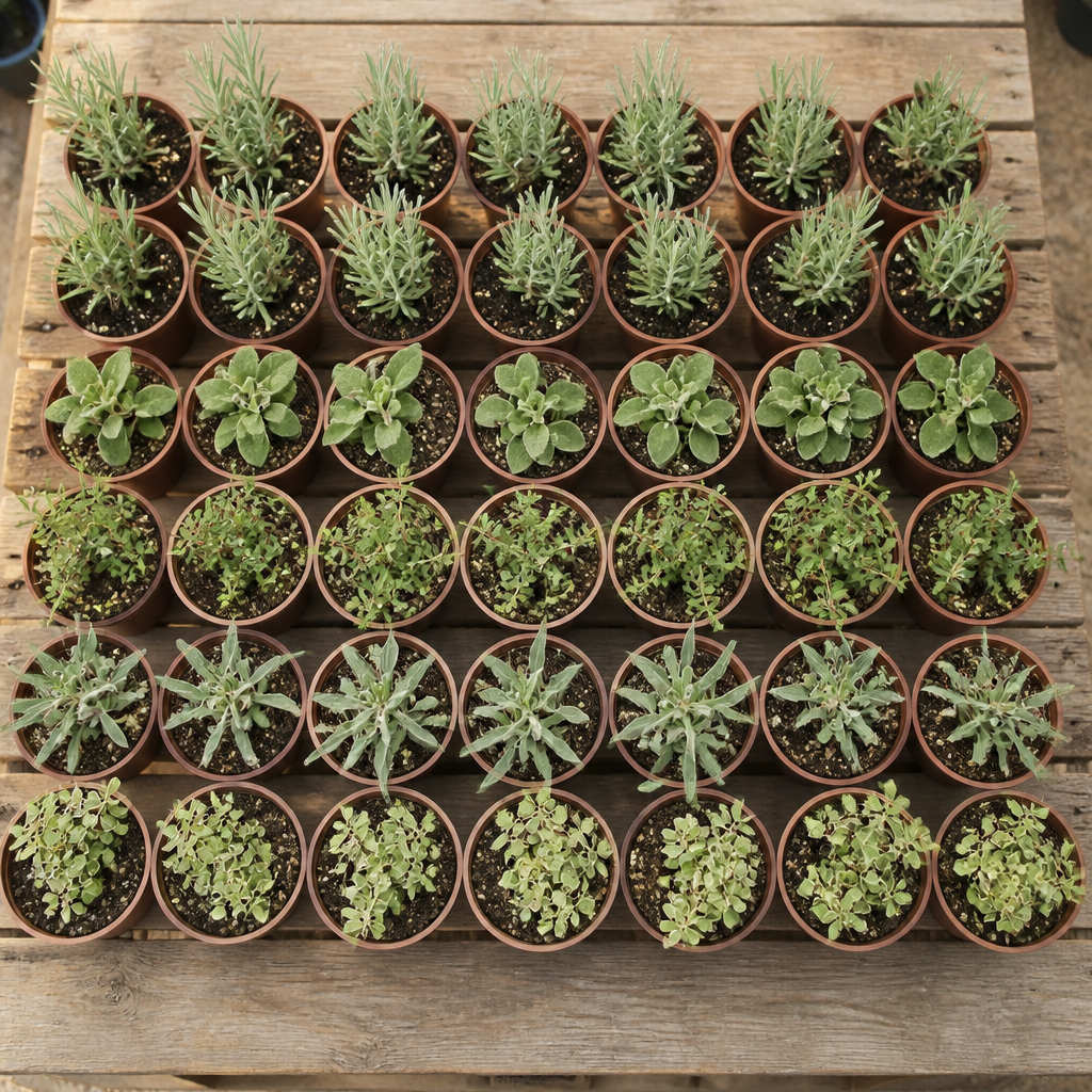 60 kwekerspotten met vijf soorten droogtetolerante planten, klaar om te planten