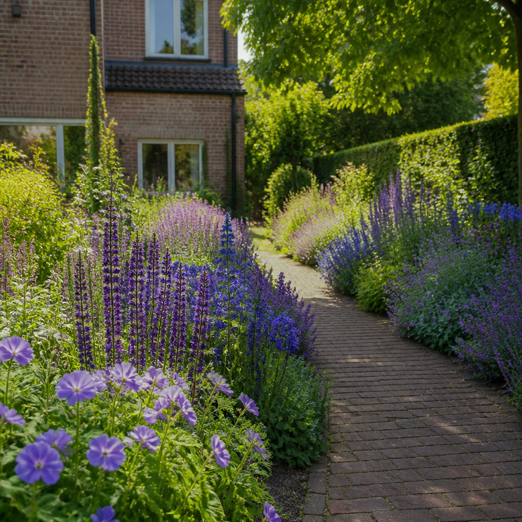 Tuinpad omzoomd met een rustgevende blauw-violette border