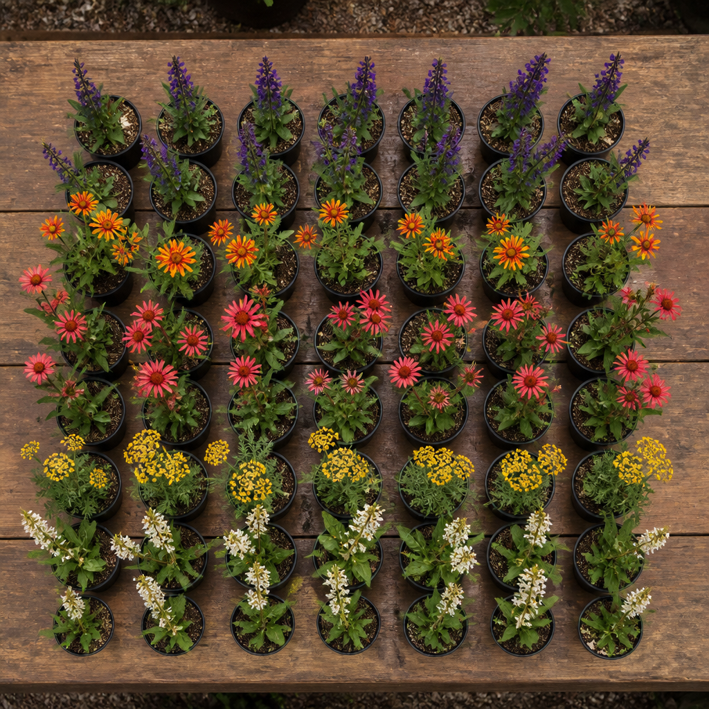 60 kwekerspotten met vijf soorten cottageplanten, klaar om te planten