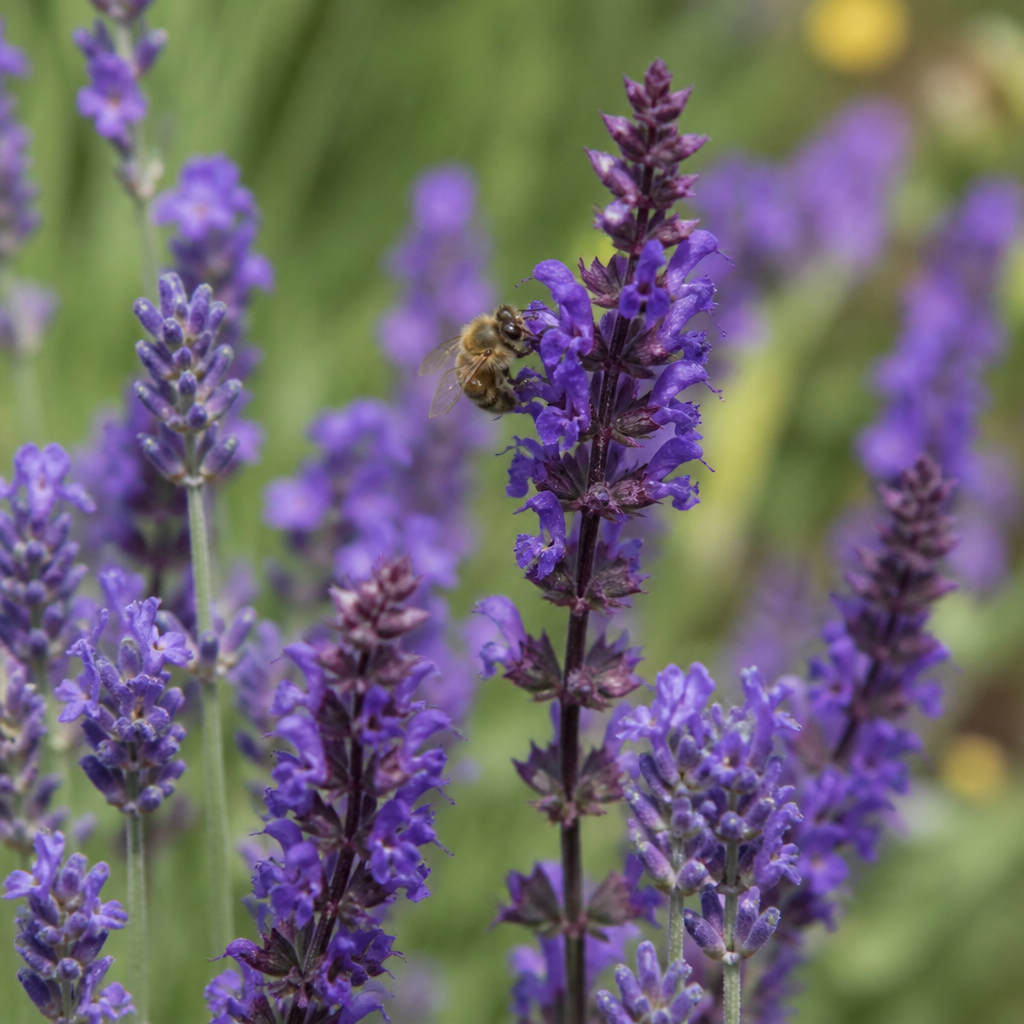 Close-up van lavendel en steppensalie met een bij