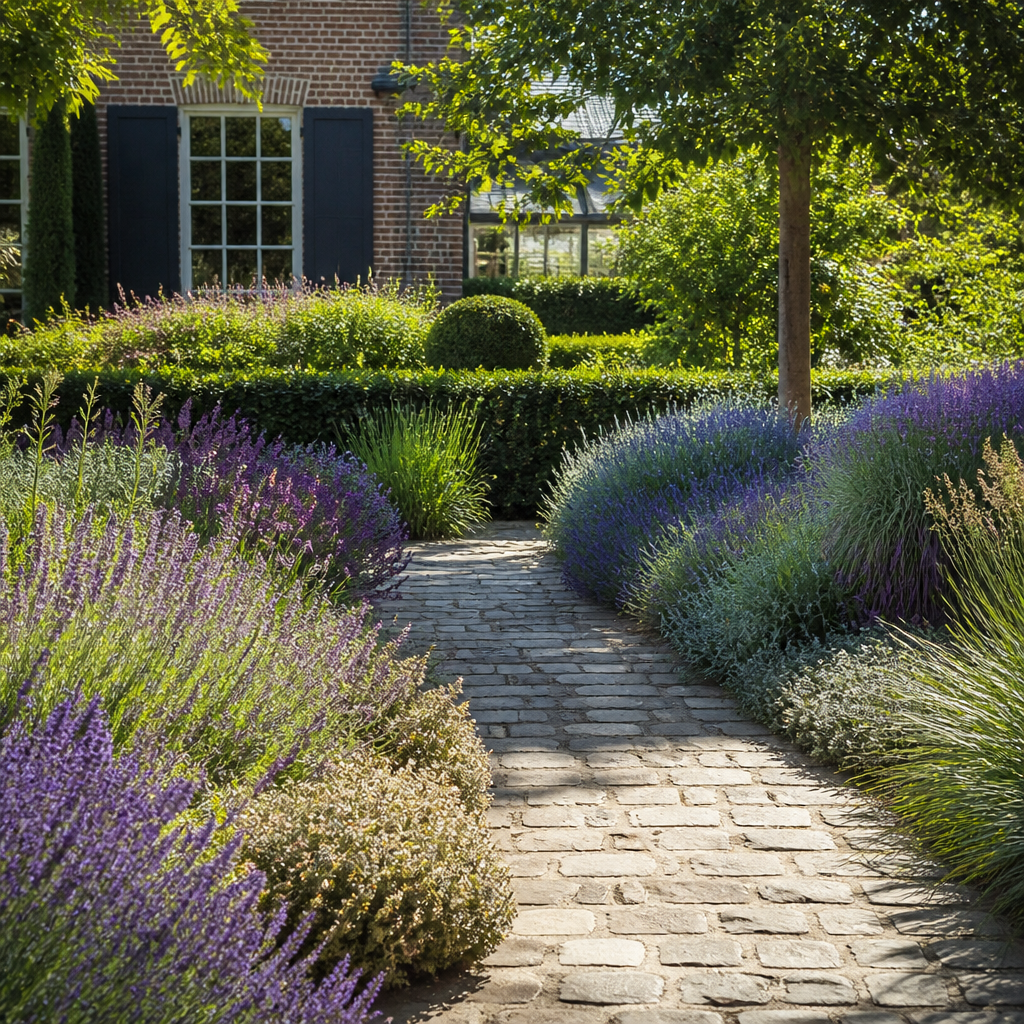 Tuinpad omzoomd met een geurige Provence-kruidenborder