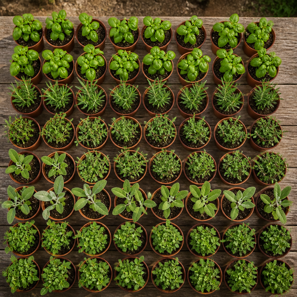 60 kwekerspotten met vijf mediterrane kruiden, klaar om te planten