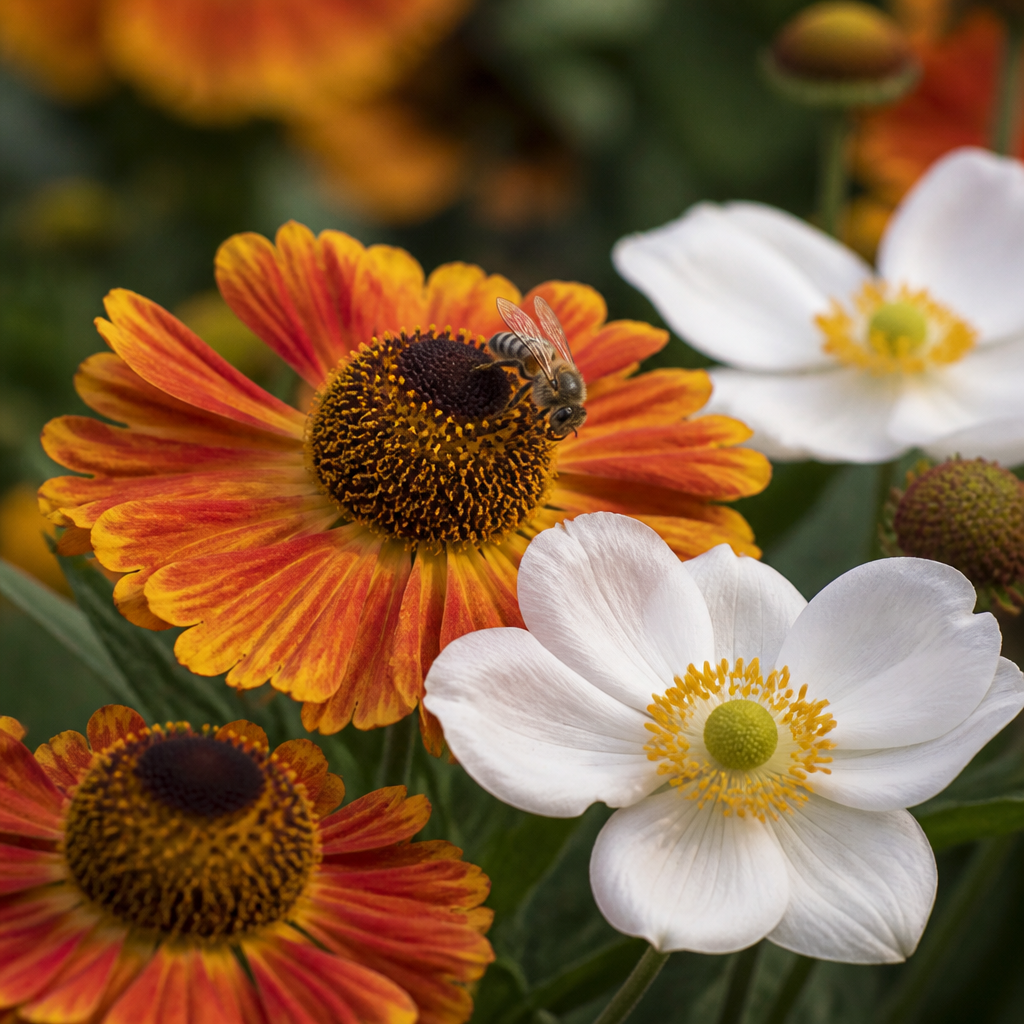 Close-up van zonnebruid en herfstanemoon met een bij