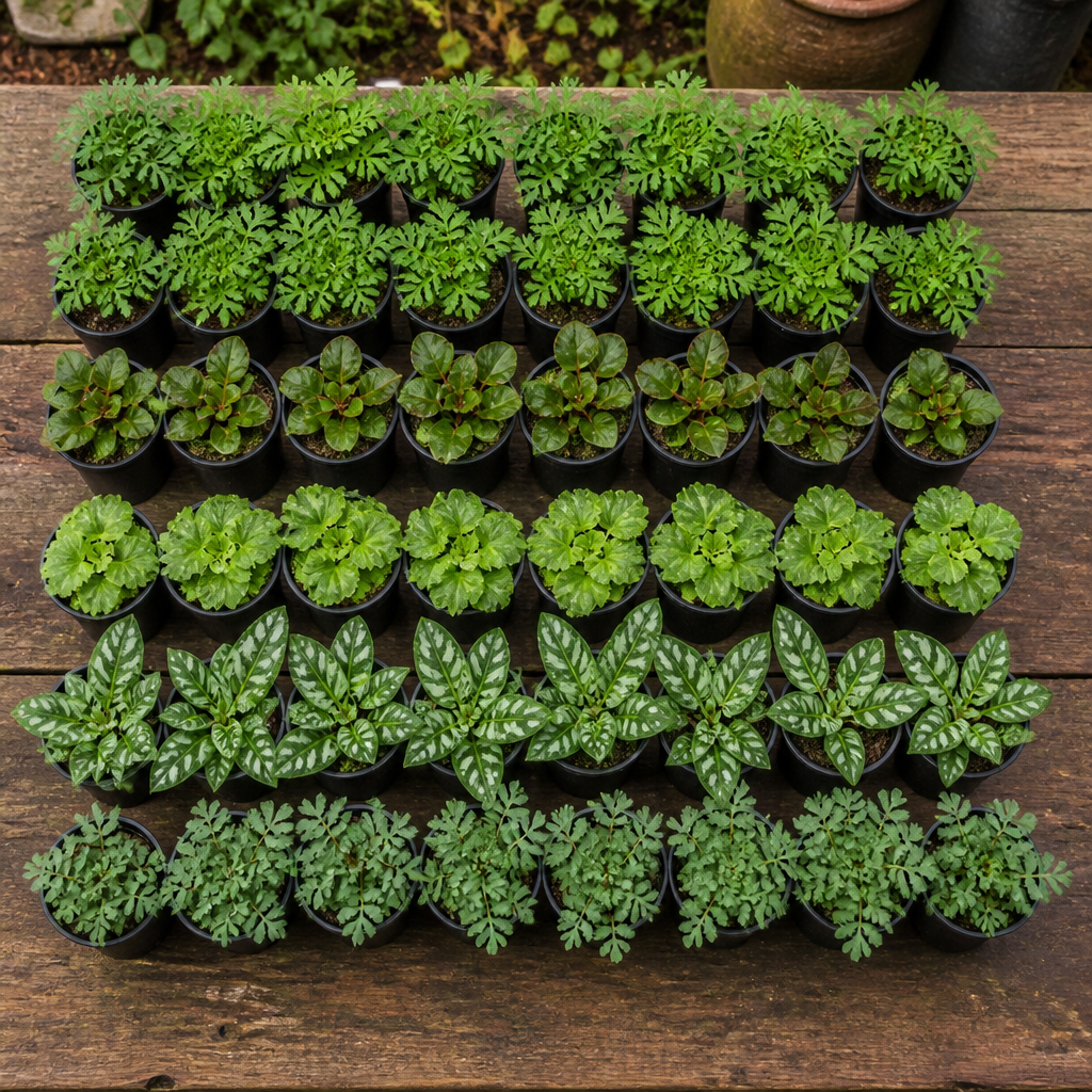 60 kwekerspotten met vijf vochtminnende planten, klaar om te planten