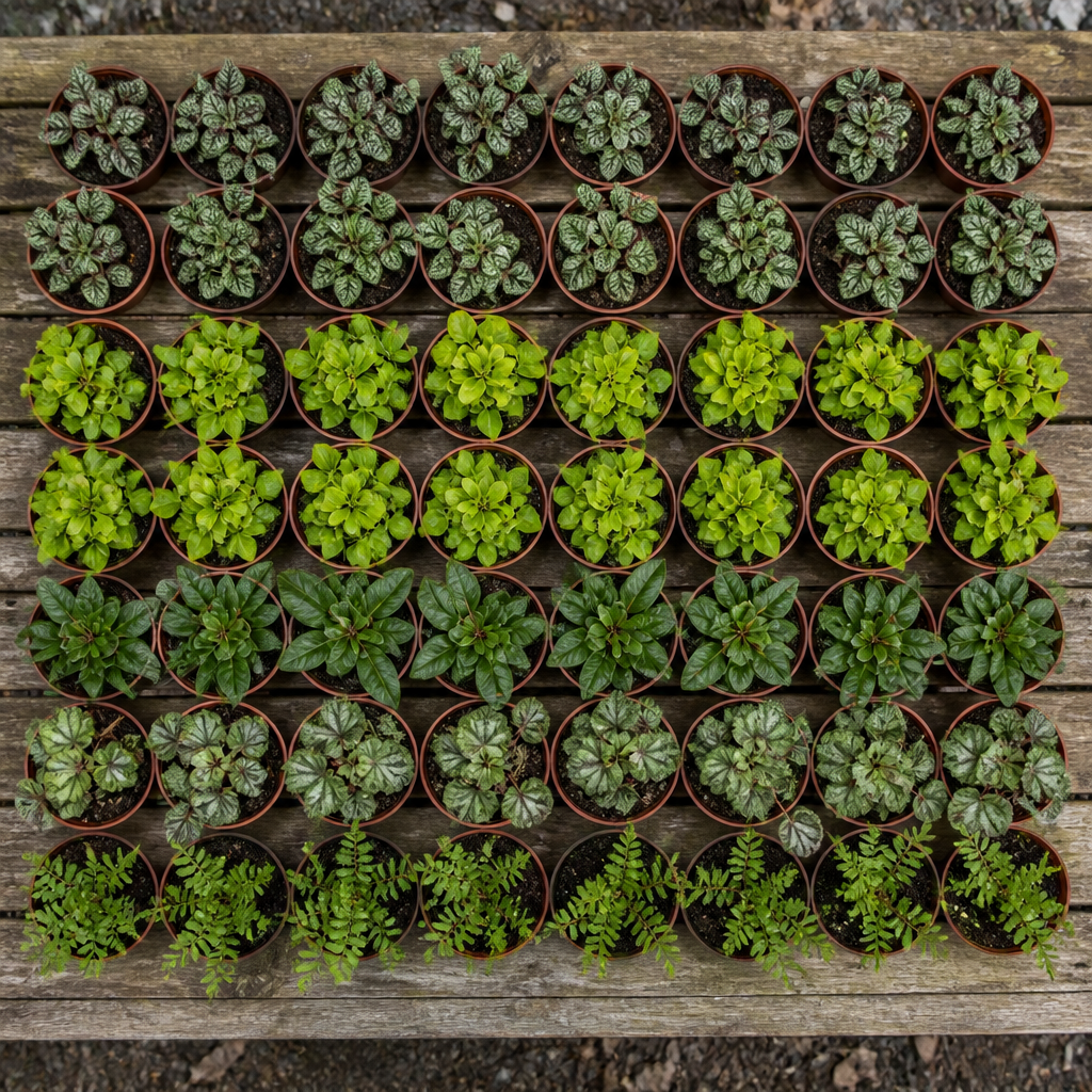 60 kwekerspotten met vijf schaduwbodembedekkers, klaar om te planten