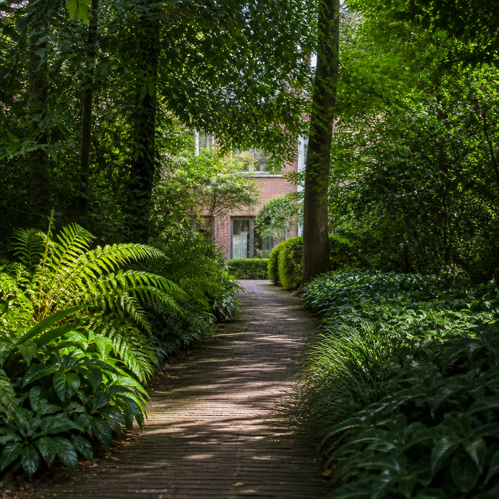Schaduwrijk tuinpad met een weelderige jungleborder