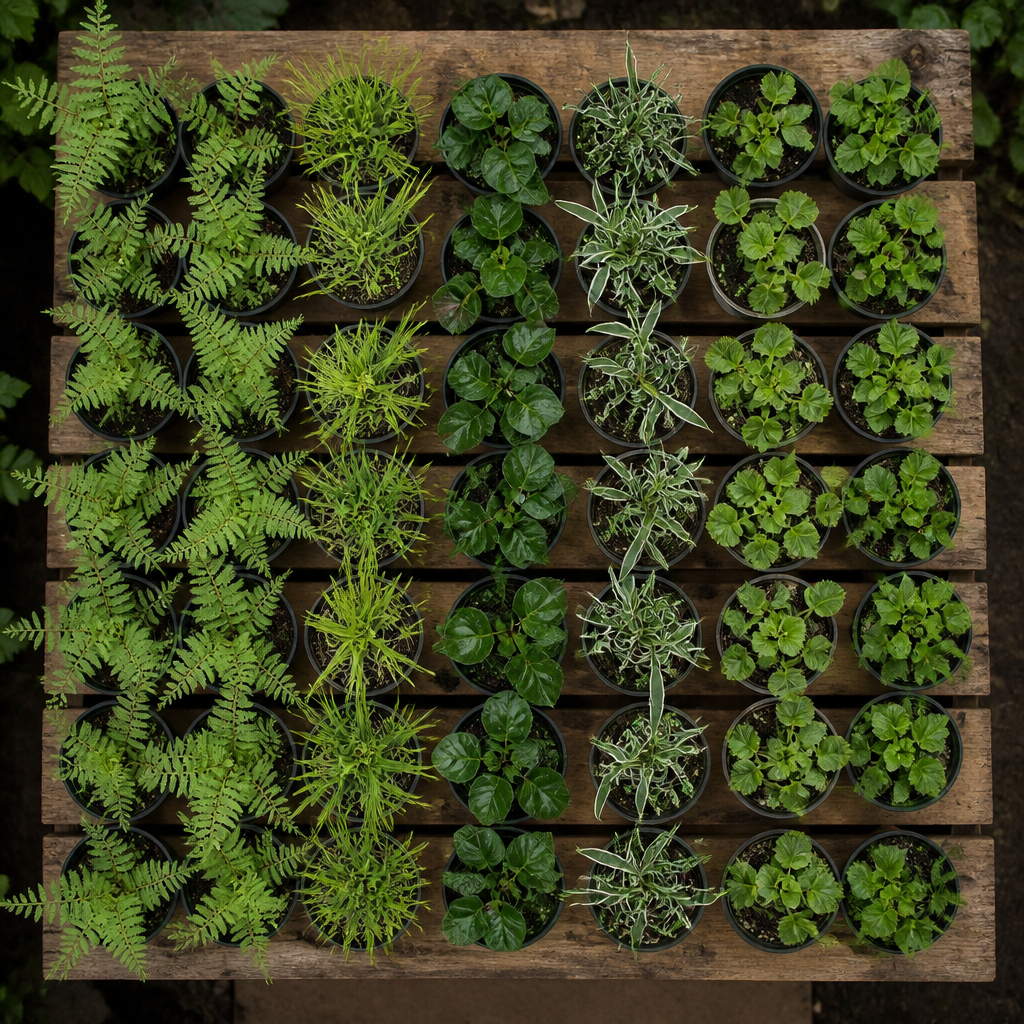 60 kwekerspotten met vijf schaduwplanten, klaar om te planten