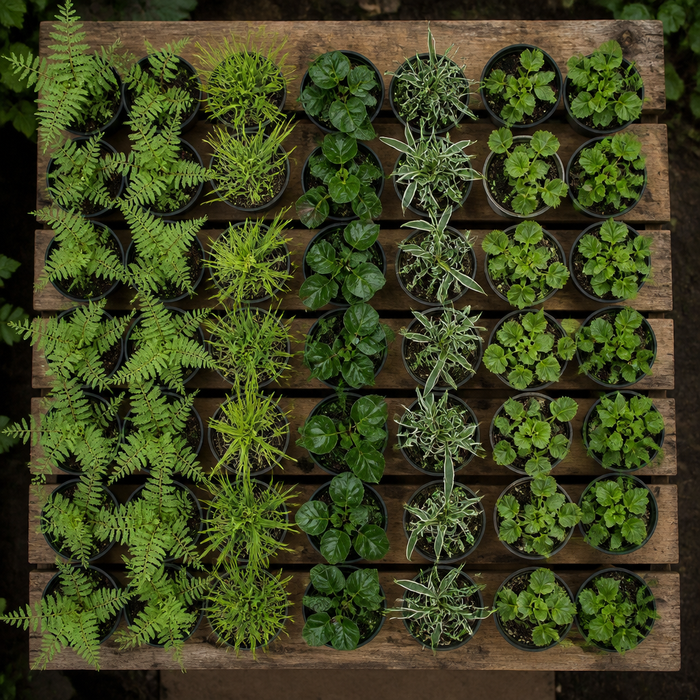 60 kwekerspotten met vijf schaduwplanten, klaar om te planten