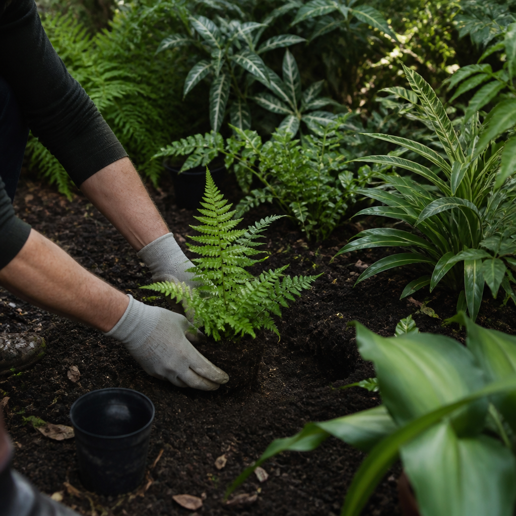 Varens planten in een schaduwrijke border