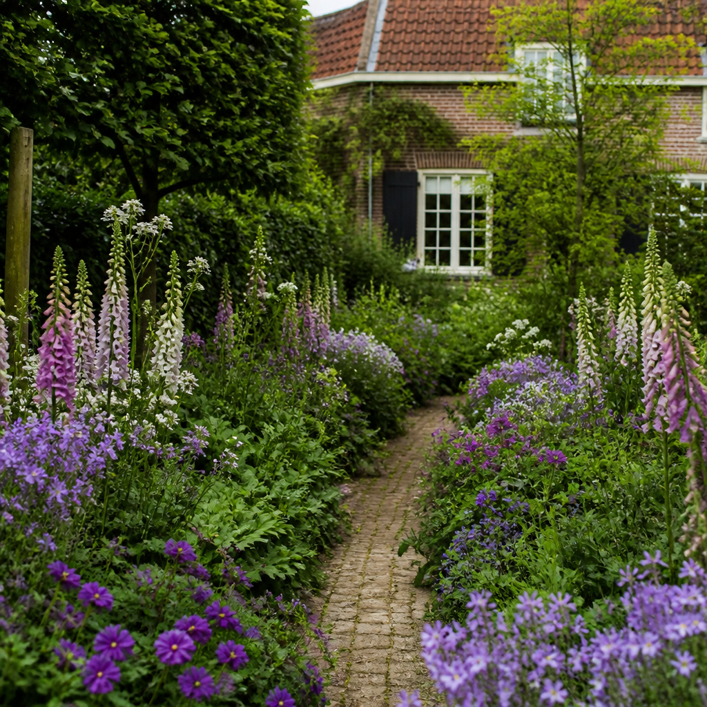 Tuinpad omzoomd met een romantische cottageborder